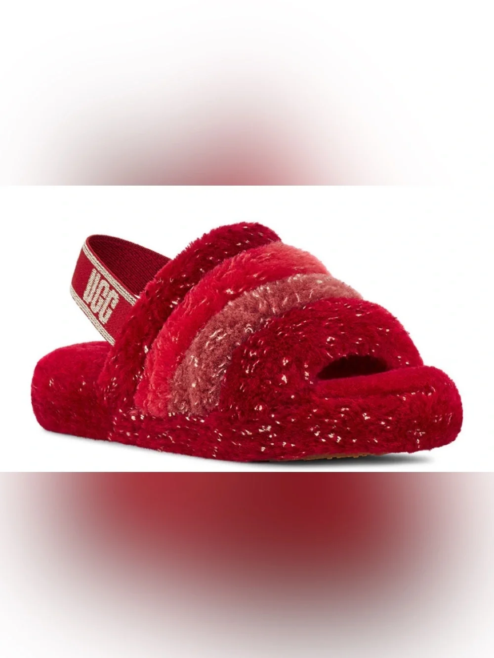 Kid UGG Red and Pink Fuzzy Platform Slides with Logo Strap